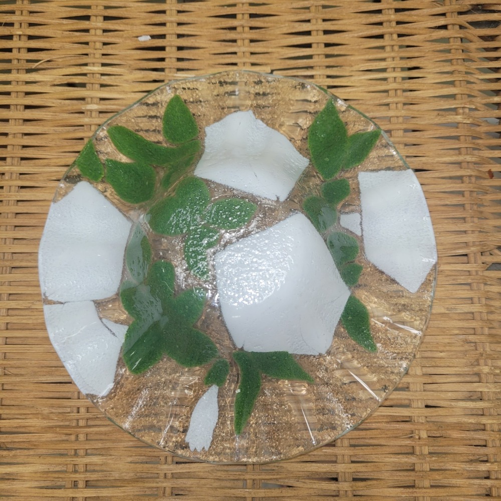 Fused Art Glass Pink Floral‎ Ruffled Edge Bowl